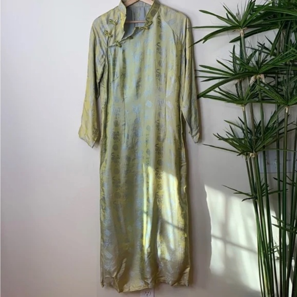 Vintage Green 2 Piece Kaftan Kimono Style Mandarin Collar Pants & Top Lounge Set - Picture 2 of 9